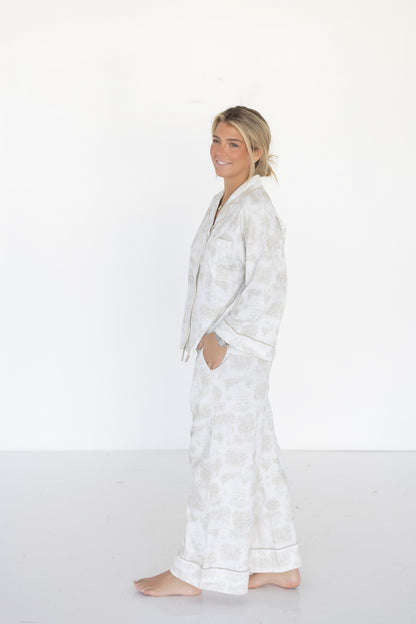 The Sunday Morning Pajama Pants Set - Cream Oxford Toile