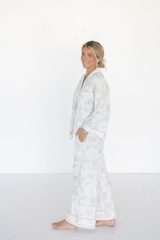 The Sunday Morning Pajama Pants Set - Cream Oxford Toile