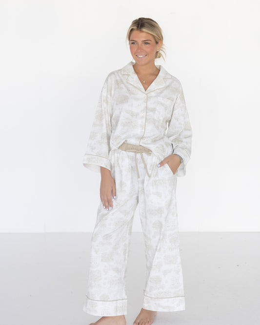 The Sunday Morning Pajama Pants Set - Cream Oxford Toile